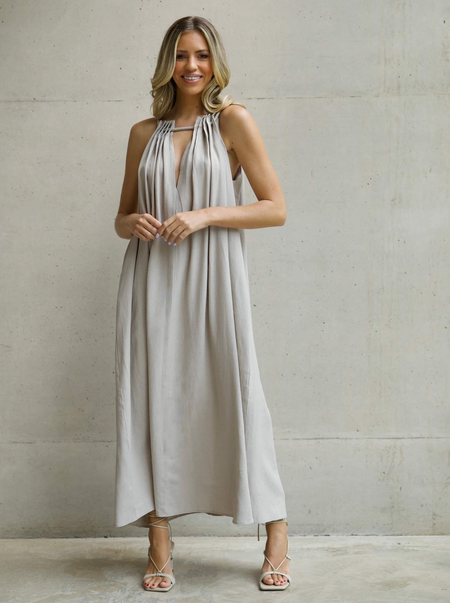 'MARIA' ROPE DETAIL RUCHED NECK MAXI DRESS STONE