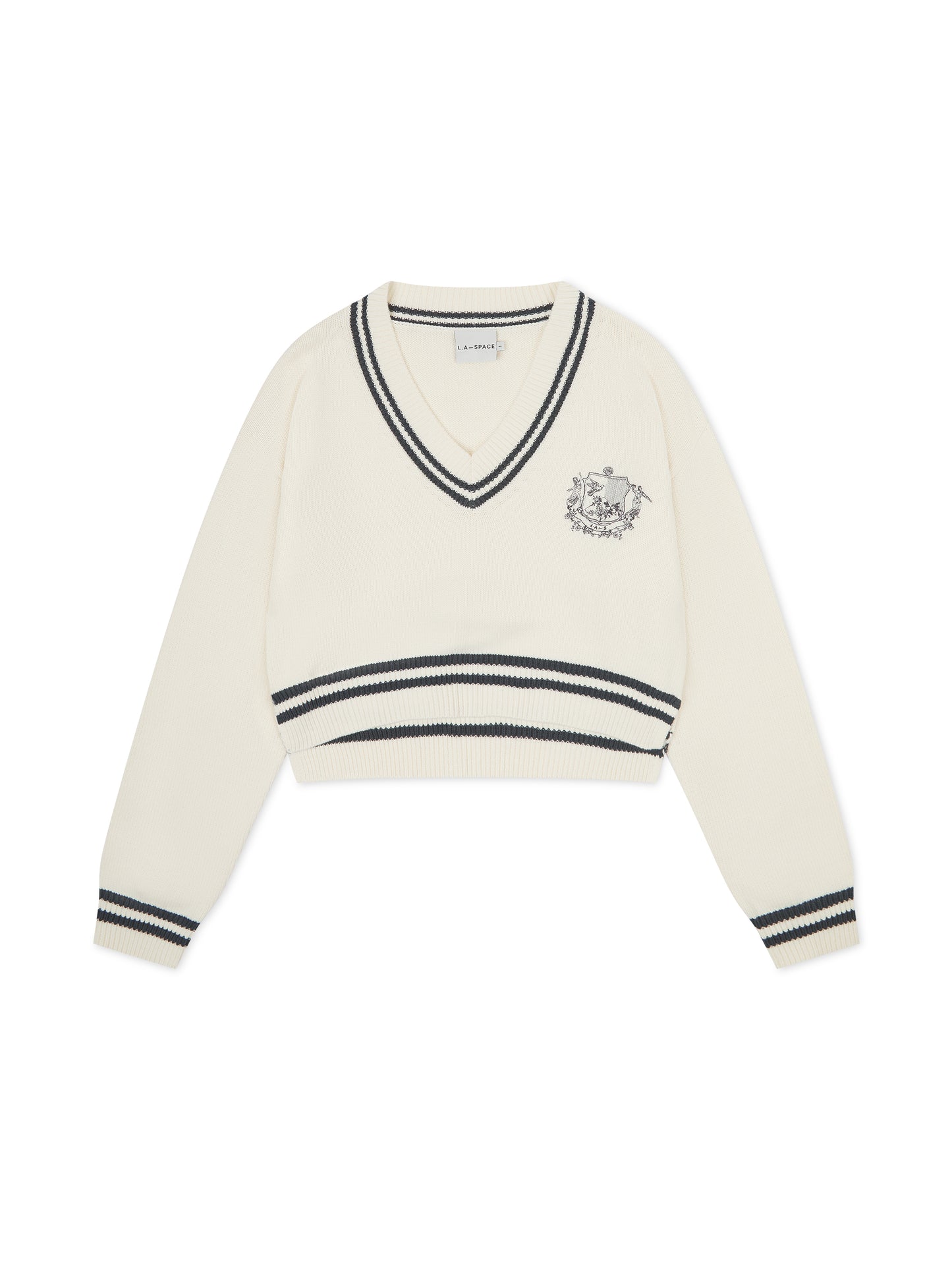 'ROMY' VARSITY CROPPED V NECK KNITTED JUMPER WHITE