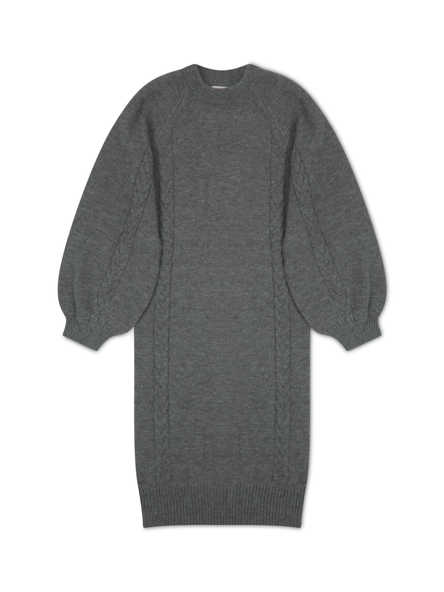 ‘MARGAUX’ KNITTED CABLE DETAIL BALLOON SLEEVE MIDI DRESS GREY