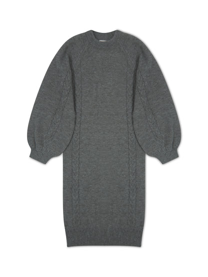 ‘MARGAUX’ KNITTED CABLE DETAIL BALLOON SLEEVE MIDI DRESS GREY