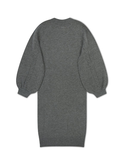 ‘MARGAUX’ KNITTED CABLE DETAIL BALLOON SLEEVE MIDI DRESS GREY