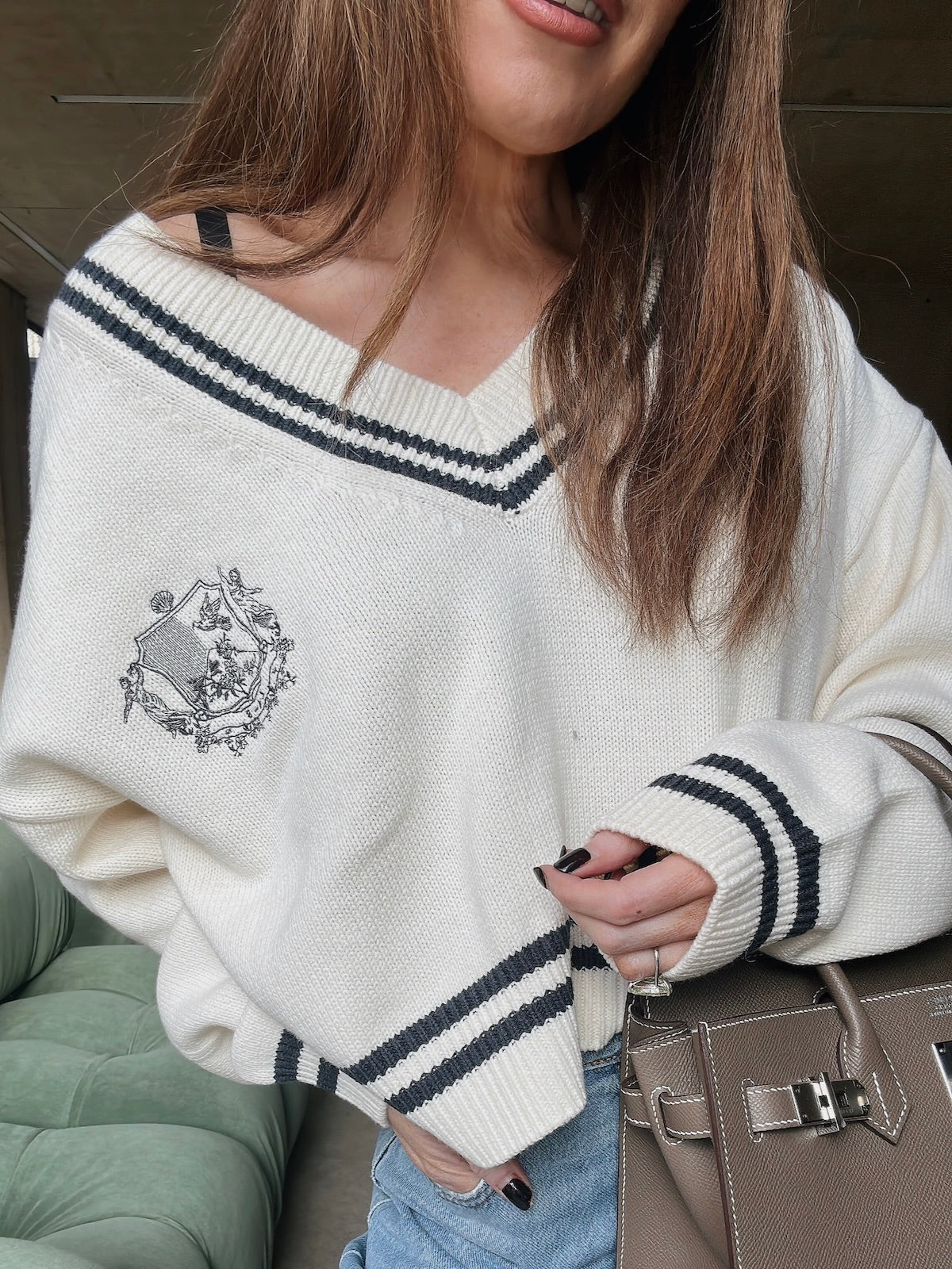 'ROMY' VARSITY CROPPED V NECK KNITTED JUMPER WHITE